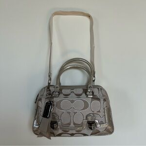 Used Coach Poppy Signature Sateen Metallic Pushlock Satchel - light khaki